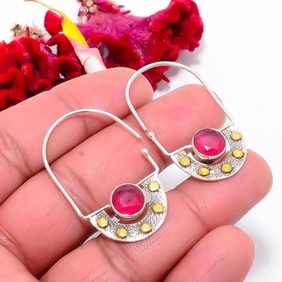 Ruby - Simulated Gemstone 925 Sterling Silver Two Tone Earring 1.48'' Sku39