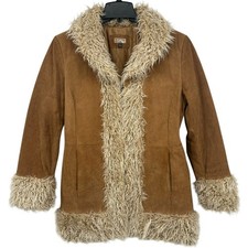 VTG Women's Camel Brown Giacca 100% Leather Faux Fur Trim Penny Lane Coat Sz L