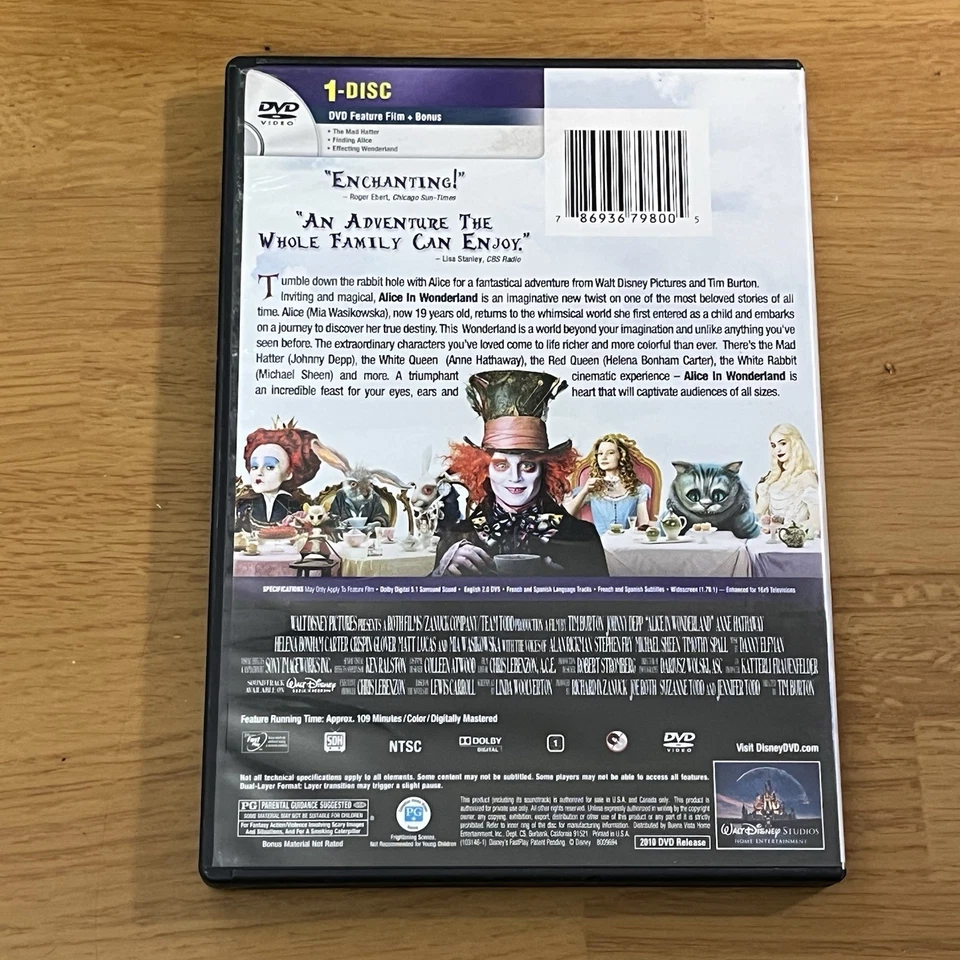 Alice In Wonderland - Mia Wasikowska, Johnny Depp - 2010 - Disney DVD -- - Image 2 of 2