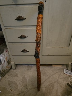 Hand-Carved Wooden African Walking Stick 32'' - 3 Tribal Faces