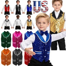 US Kids Sequined Jazz Dance Vest Button Down Hip Hop Waistcoat Blazer Style Top