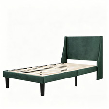 3ft Single Size Bed Frame Fabric Upholstered Bed with Wing Headboard in Green