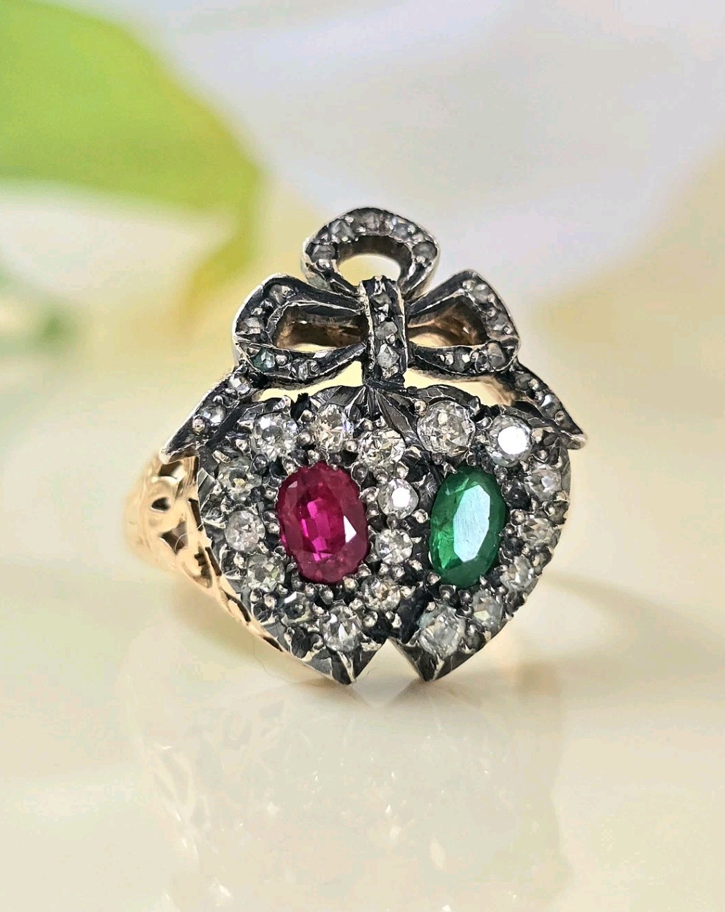 Victorian Double Heart Ring Diamond Ruby Emerald … - image 1