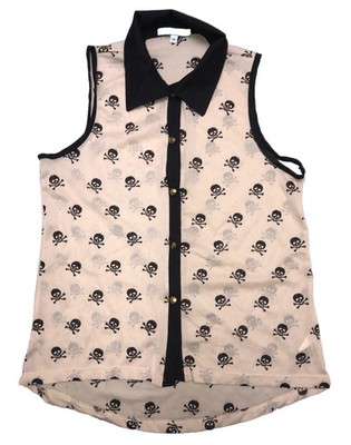 Julies Closet Button Up Top Women s M Beige Skulls  Sheer Goth Grunge Halloween