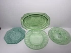 Lot Of 4 Uranium Glass Dishes Including Federal Glass Green Parrot Platter
