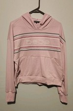Bebe Sport Stripe Logo Pullover Hoodie Pink Cloud Women's L NWT Y2K