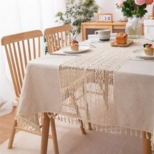 Rustic Table Cloth Rectangle Hollow Splicing Farmhouse Style Washable Tassel Tab