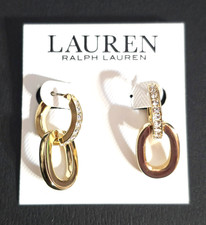 NEW RALPH LAUREN GOLD TONE CRYSTALS PAVE DOUBLE HOOP LINK DROP DANGLE EARRINGS