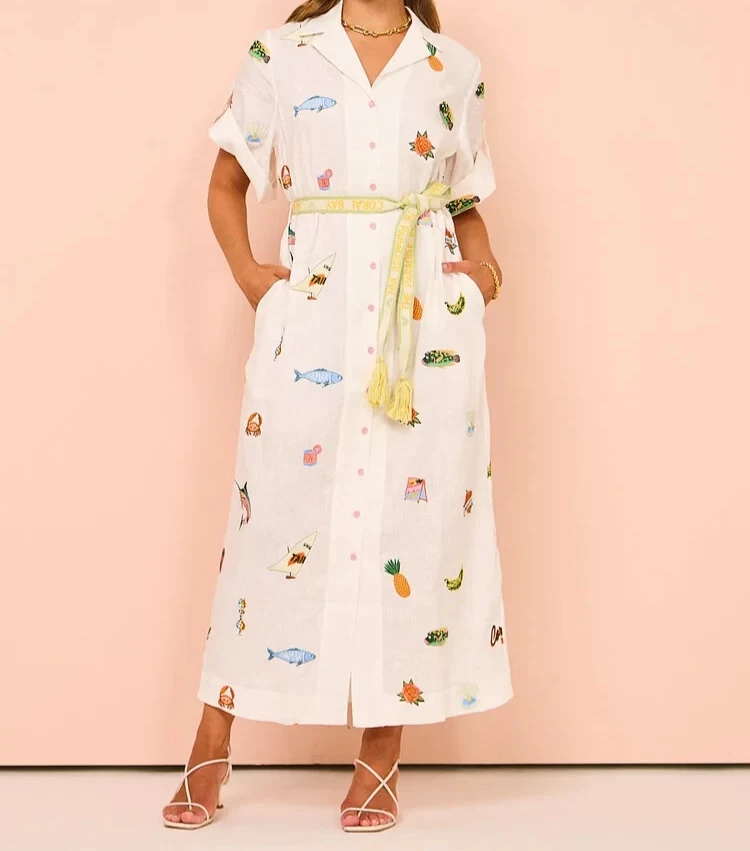 NWT ALEMAIS Blue Marlin Linen Embroidered Midi Dress US 8 Cream Fish Embroidery