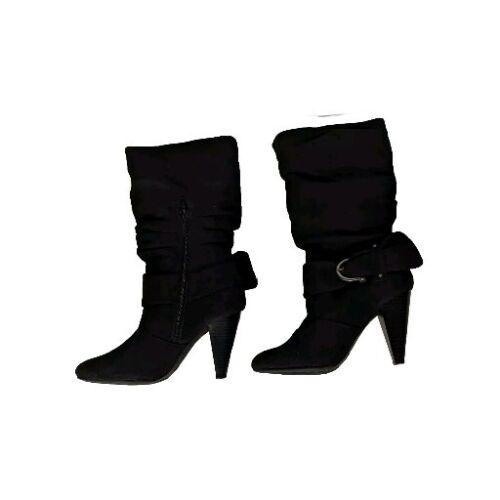 Apt 9 Black Slouch Mid Calf Buckle Boots Heel Fashion Faux Suede Size 6.5