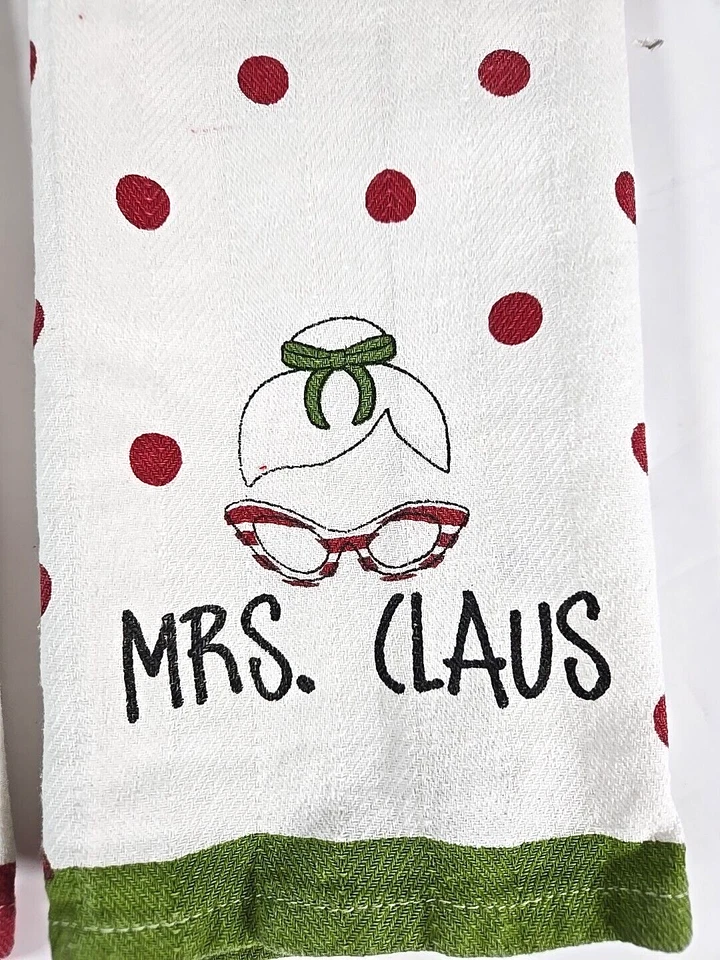 Cynthia Rowley Mr & Mrs Claus toallas de cocina lunares algodón rojo verde leer Foto 3 de 4