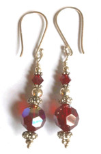 Red Crystal Glass Beaded Dangle Earrings 925 Sterling Silver 8mm 1.75 inch