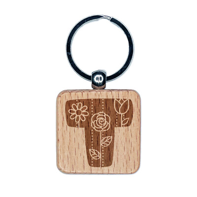 Sweet and Cute Flowers Rounded Block Letter T Engraved Wood Square Keychain