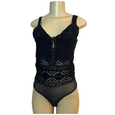 FREE PEOPLE Black Hooked on Lace Crochet Bodysuit Size XS Goth Dark Romantic