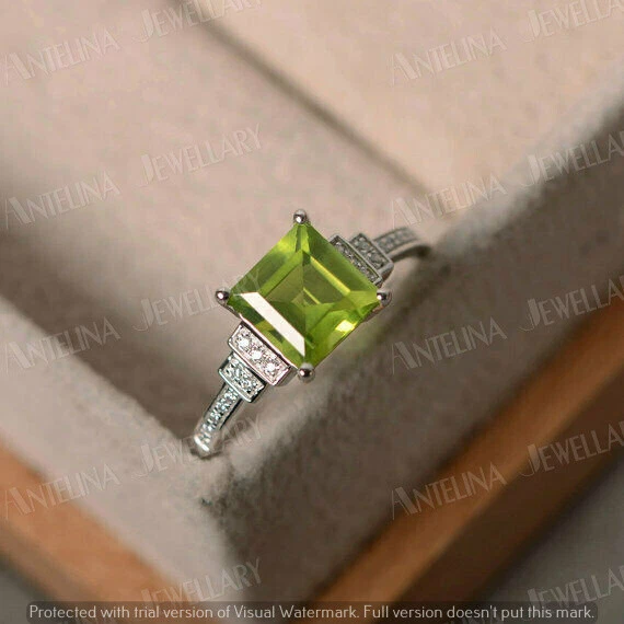 1.50 Ct Simulated Princess Cut Peridot & Diamond Ring 925 Sterling Silver Plated - Image 3 of 4