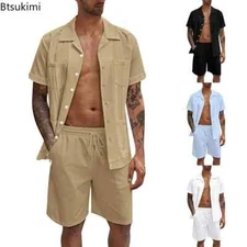 New Men's Summer Casual Sport 2 Piece Sets Fashion Cotton Linen Short Sleeve