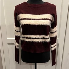 Papaya Burgundy and Cream Fuzzy Striped Cropped Sweater S