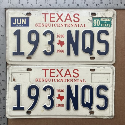1990 Texas license plate pair 193 NQS YOM DMV Ford Chevy Dodge 20608