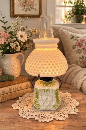 Vintage Hobnail Milk Glass Hurricane Lamp Boudoir Table Lamp White Cottage