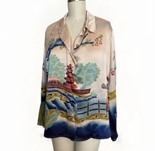 Rare Citron Santa Monica Silk Scenic Landscape Blouse Handpainted Style M