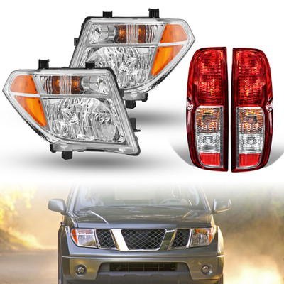 4 PC Set For 2005-2008 Nissan Frontier Chrome Headlights + Red Tail Lights
