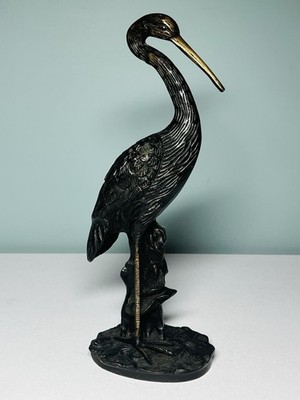 Detailed Bronze Ibis / Crane Statue Standing in Lily Pads and Reeds, 11.5  Tall