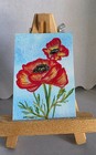 ACEO Original Red Poppy Flower Blue Sky Miniature  Art Signed 2.5x3.5 — photo 2