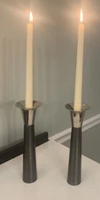 CRATE & BARREL Pair Of Contemporary  10" Candlesticks Pewter & Chrome