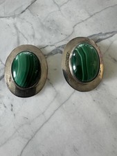 Vintage Sterling Silver & Oval Cut Malachite Clip On Earrings