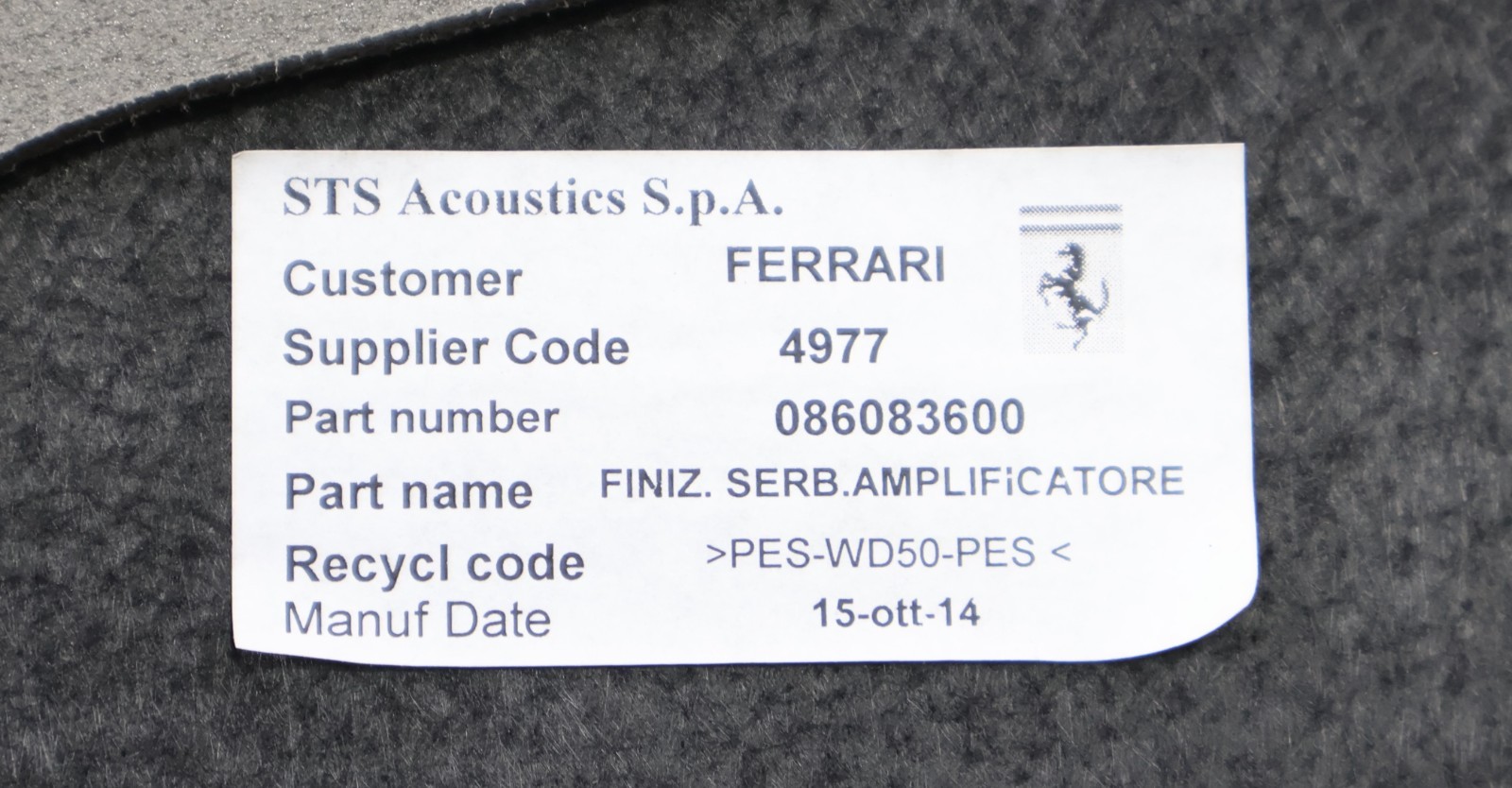 2015-18 FERRARI CALIFORNIA T CONVERTIBLE TRUNK FLOOR CARPET LINER COVER TRIM OEM