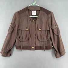 Lanvin en Bleu Silk Cropped Jacket Womens 38 Brown Full Zip Soft Luxury Chic