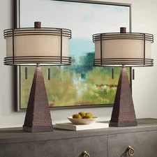 Franklin Iron Works Niklas 26" Bronze Metal USB Table Lamps Set of 2