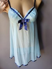 Vintage Y2K 2007 Victoria's Secret Blue Mesh Babydoll Nightie Navy Bow Size L
