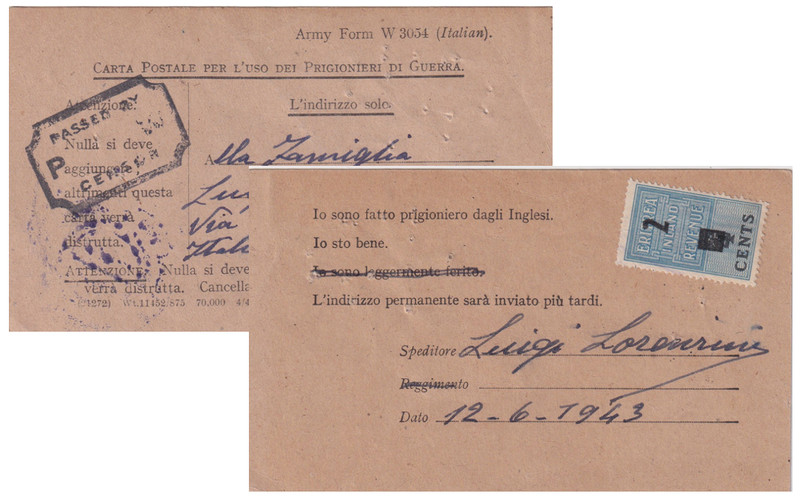 WW2 Army Form W.3054 (Italian) Notification of Capture Card - Prisoners of War