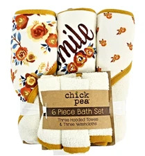 6 Piece Bath Gift Set For Baby Hooded Towels and Washcloths Chick Pea Layette