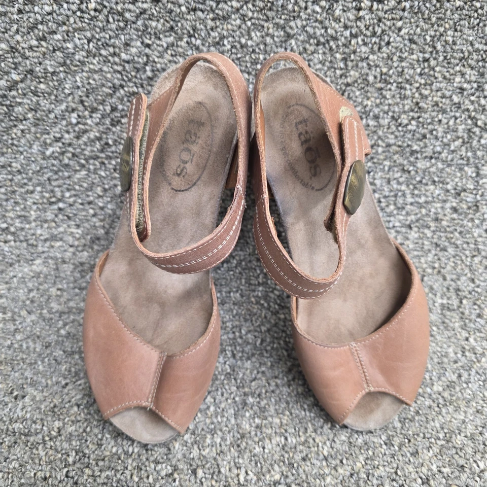 Sandalias para mujer Taos Carousel cuña punta abierta cuero marrón talla 36/5-5,5 EE. UU. Foto 3 de 4