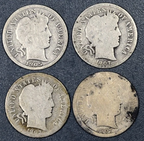 1905 1907-PDO  10C BARBER SILVER DIMES Lot of 4 KM#113 Circulated A6305