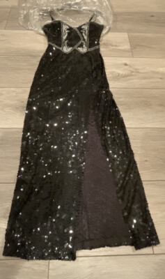 Vtg Niteline Womens Stunning Evening Gown Black Sequins & Beads Stretch  Dress 6