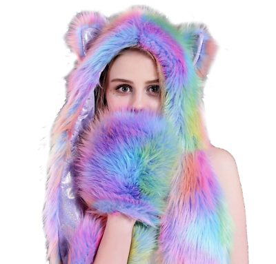 Festival Rainbow Faux Fur Beanie Hat Cute Cat Paw Costume Rave