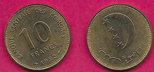COMOROS 10 FRANCS 1992 UNC 1 YEAR TYPE,THE STAR AND CRESCENT SYMBOL,PART OF THE - 第 1/1 張圖片
