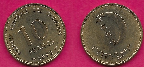 COMOROS 10 FRANCS 1992 UNC 1 YEAR TYPE,THE STAR AND CRESCENT SYMBOL,PART OF THE - Picture 1 of 1