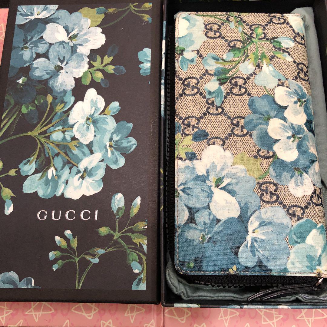 Gucci Blooms GG Supreme Brown Canvas Wallet Blossoms Blue Floral Box New