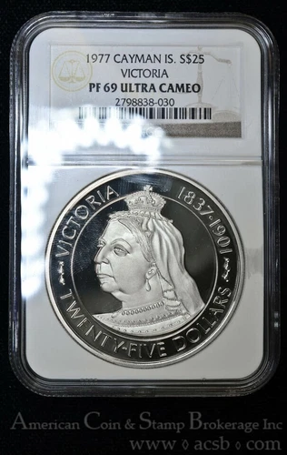 Cayman Islands $25 Dollars 1977 PR69 UCAM NGC silver KM#20 Victoria FINEST