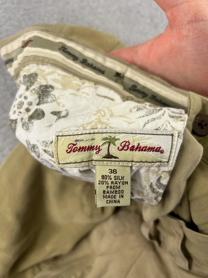 Pantalones Cortos Tommy Bahama Para Hombres 36 Beige Khaiki Plisado Frente Resort Playa Mezcla de Seda Foto 3 de 4