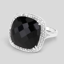 Black Onyx Silver Ring, Bold Black Onyx Square Cushion Halo Ring, 925 Silver