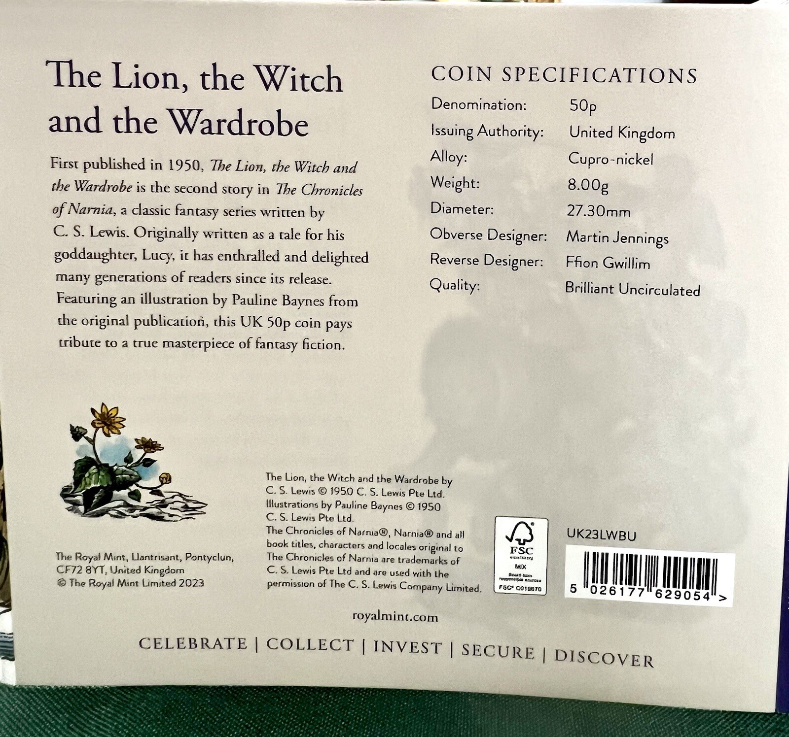 2023 Royal Mint, 50p Narnia Coin & folder The Lion, Witch, & Wardrobe Gift