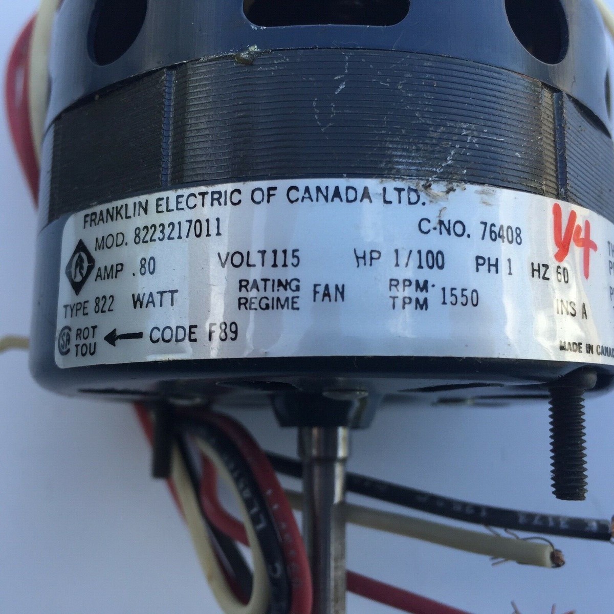 Franklin 76408 Fan Motor 1/100 HP 115 Volt .8 Amp 8223217011 1550  