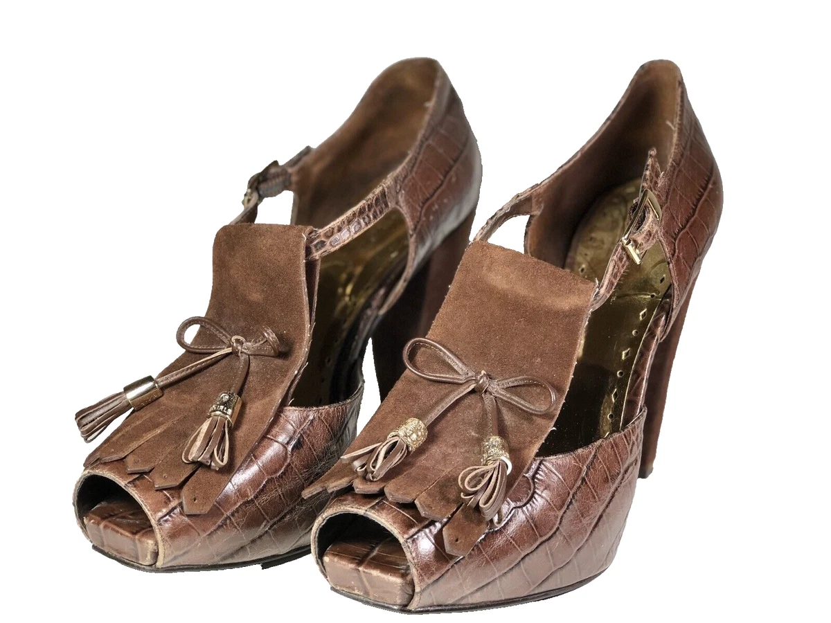 BCBGirls Malaya Womens Size 9 Shoes Tassel flap Ankle strap Heels Brown Leather
