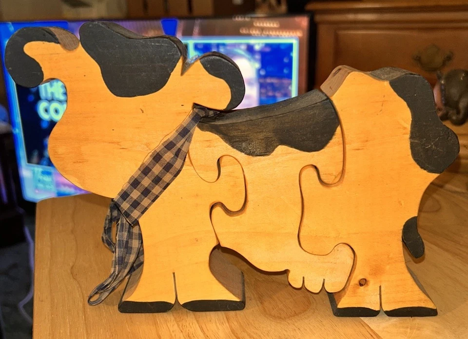 复古手工奶牛 3-D 木制 3 件拼图 9 英寸 x 6.25 英寸 x 1.5 英寸原始民间艺术 — 第 2/4 张图片