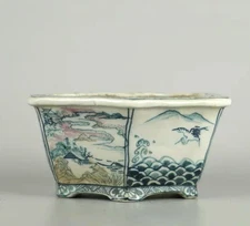 Japanese bonsai pot TANI RANZAN signed MURAKU-kiln Hexagon Landscape w4.2" *831